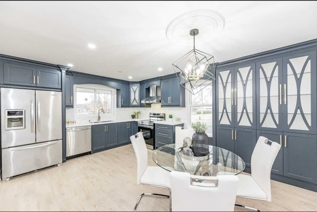 Modern blue cabinet kitchen renovation in Brampton